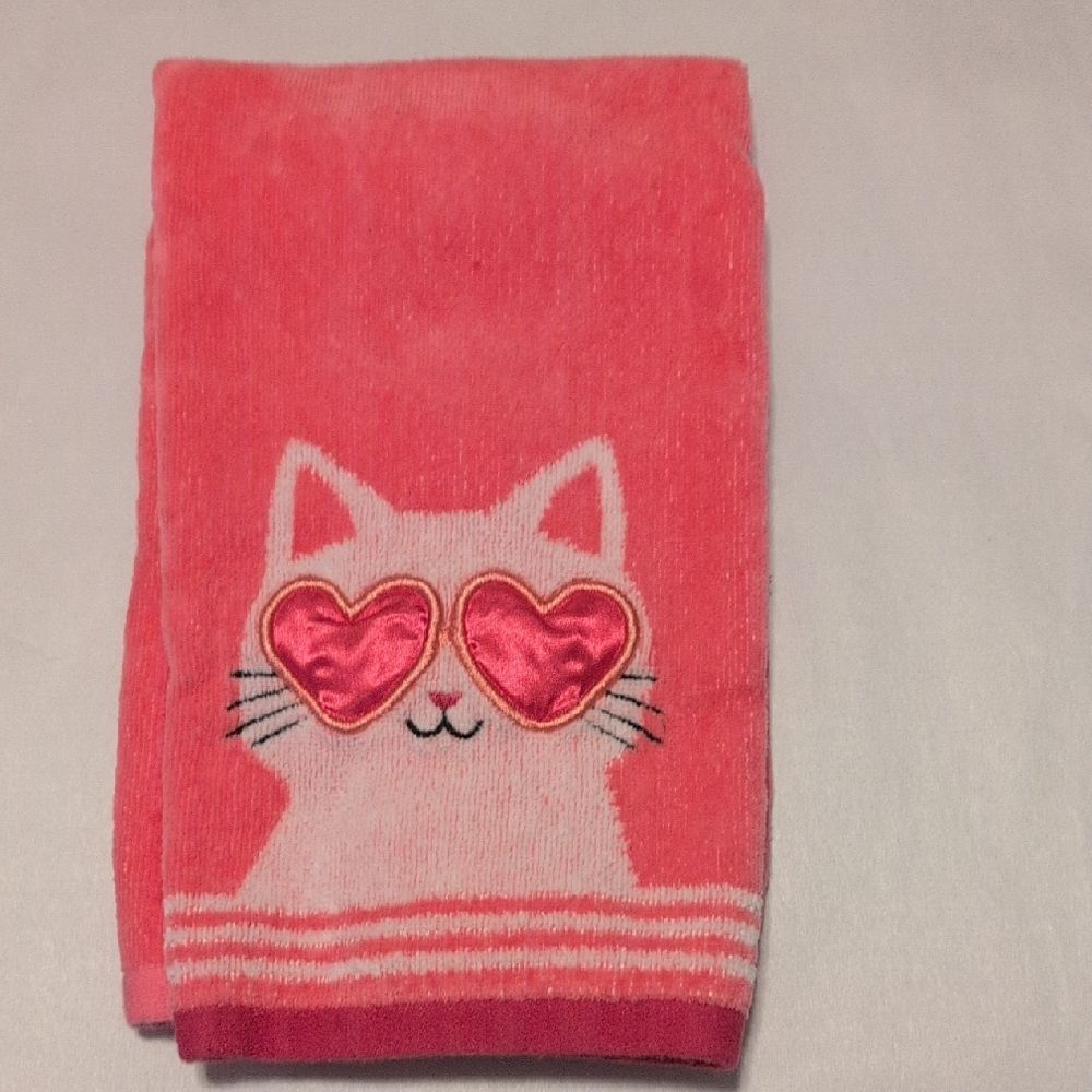 Fun Pink Cotton Cat Hand Towel with Heart Glasses & a Heart Balloon on it's Tail